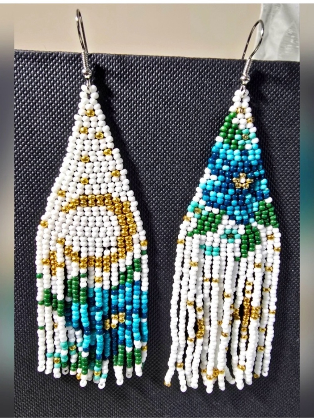 Handcrafted White, Blue & Green Seed Bead Fringe Earrings Moon and Flower